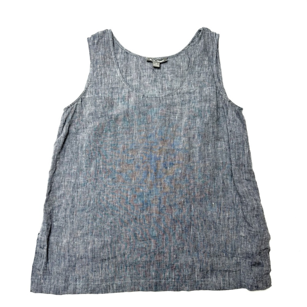 Go Silk Womens‎ Shirt Tank Top 100% Linen Scoop Neck Blue/Gray Capsule Minimal M